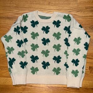 Clover Pattern Crew Neck Sweater - Cream and Green